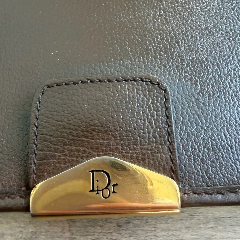 Vintage Dior Brown Leather Clutch with Gold Chain 90s
